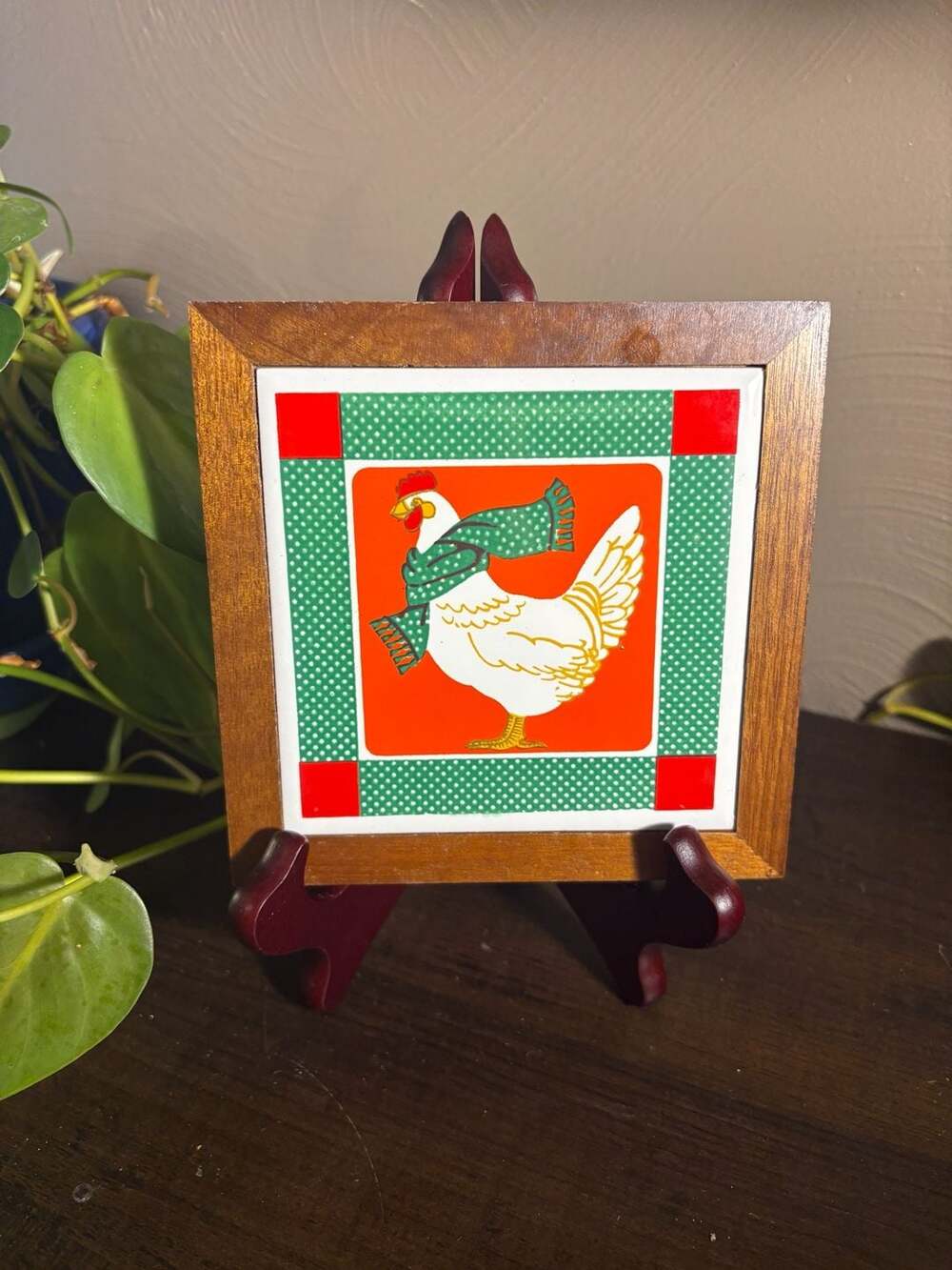 Jasco Vintage Wood Framed Ceramic Trivet Wall Hanging Chicken in Scarf